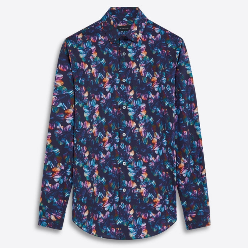 Bugatchi Julian Shirt Large Floral Blue Button Down Comfort Stretch Evening